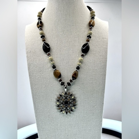 Chaps Jewelry - Signed CHAPS Brown Black Beaded with Tiger Eye Stones Necklace and Pendant 18”